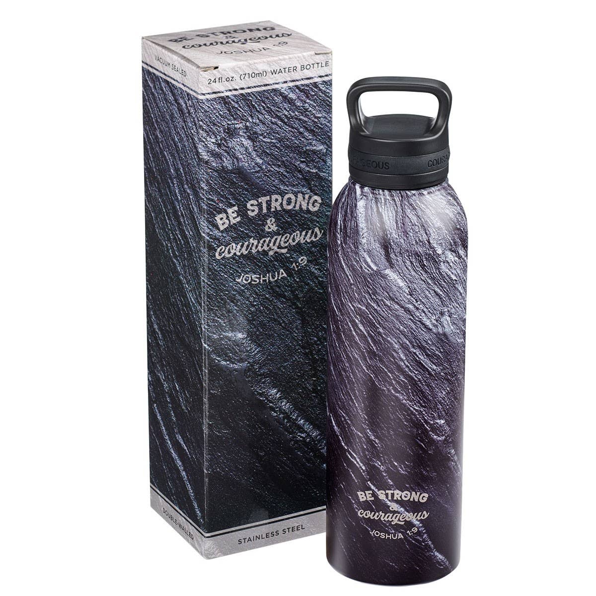 Water Bottle SS Black Stone Be Strong & Courageous Josh. 1:9