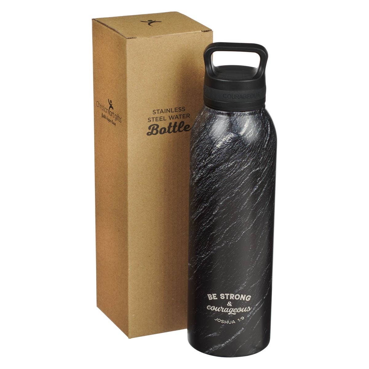 Water Bottle SS Black Stone Be Strong & Courageous Josh. 1:9