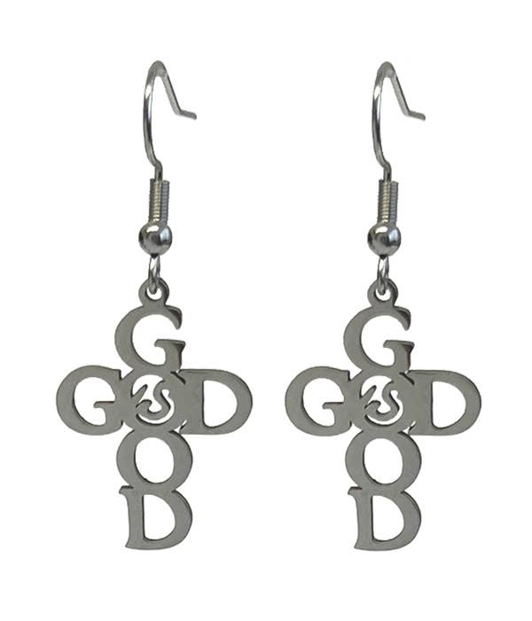 ( B782 )  STAINLESS STEEL GOD IS GOOD CROSS EARRING