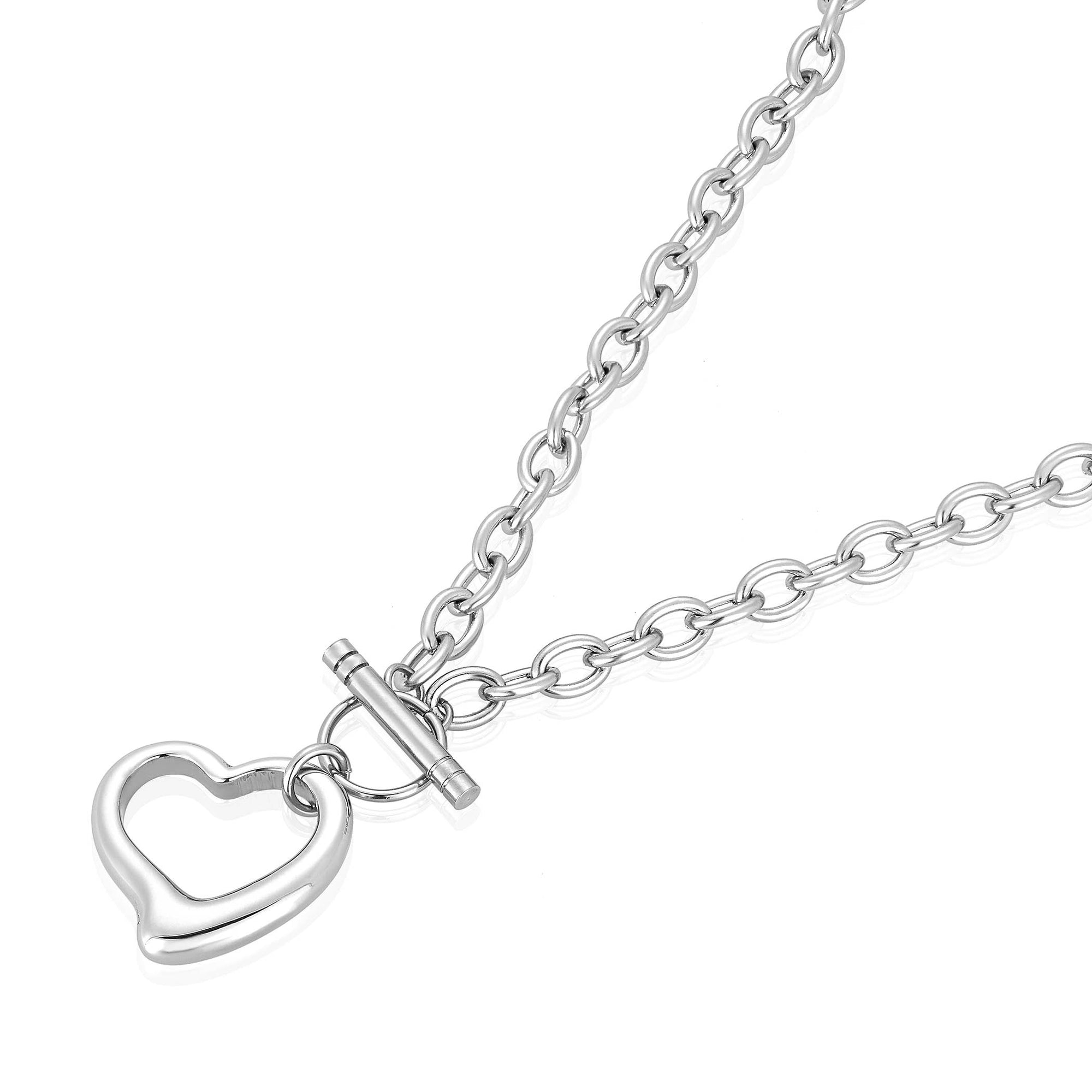 Polished Open Heart Toggle Chain Stainless Steel Necklace