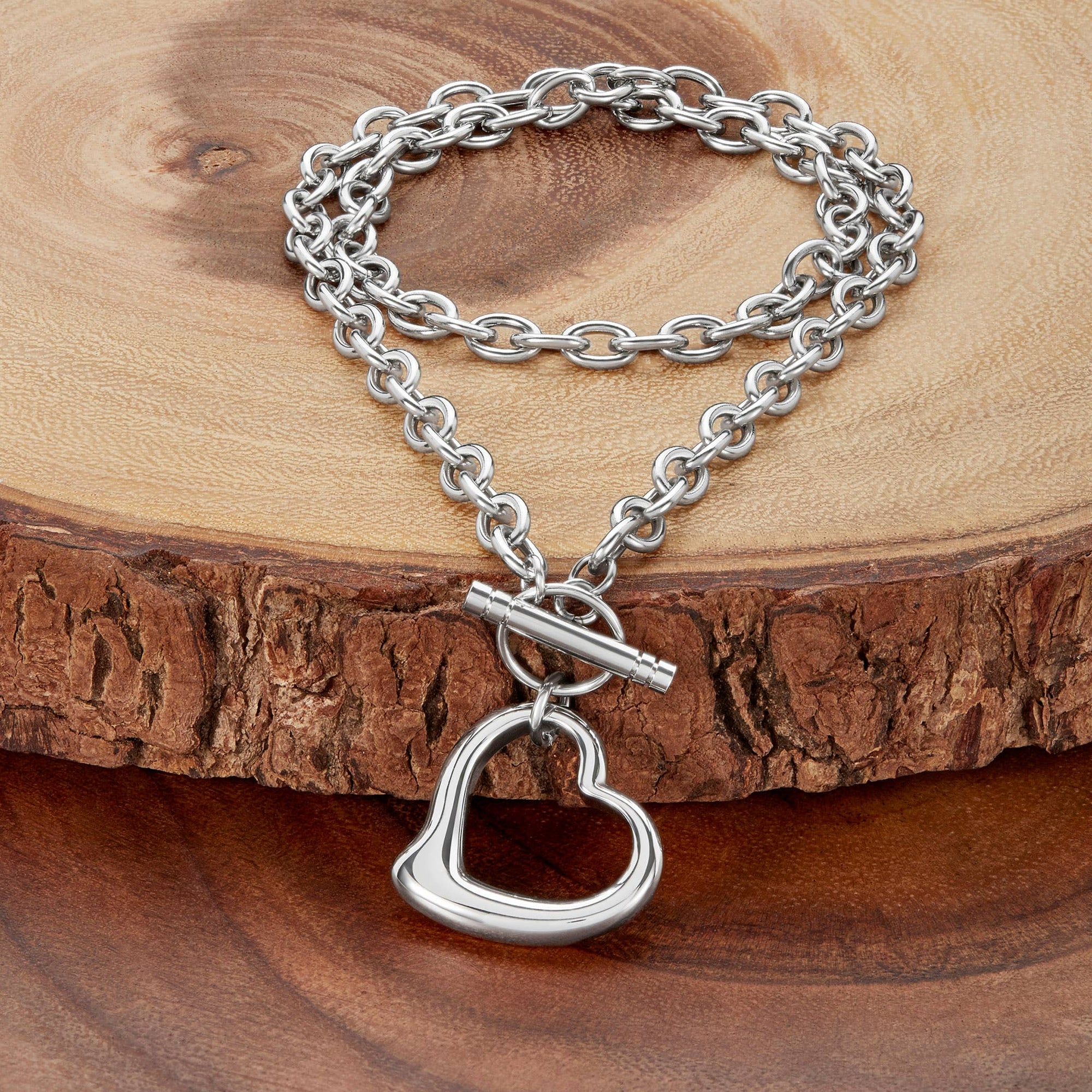 Polished Open Heart Toggle Chain Stainless Steel Necklace