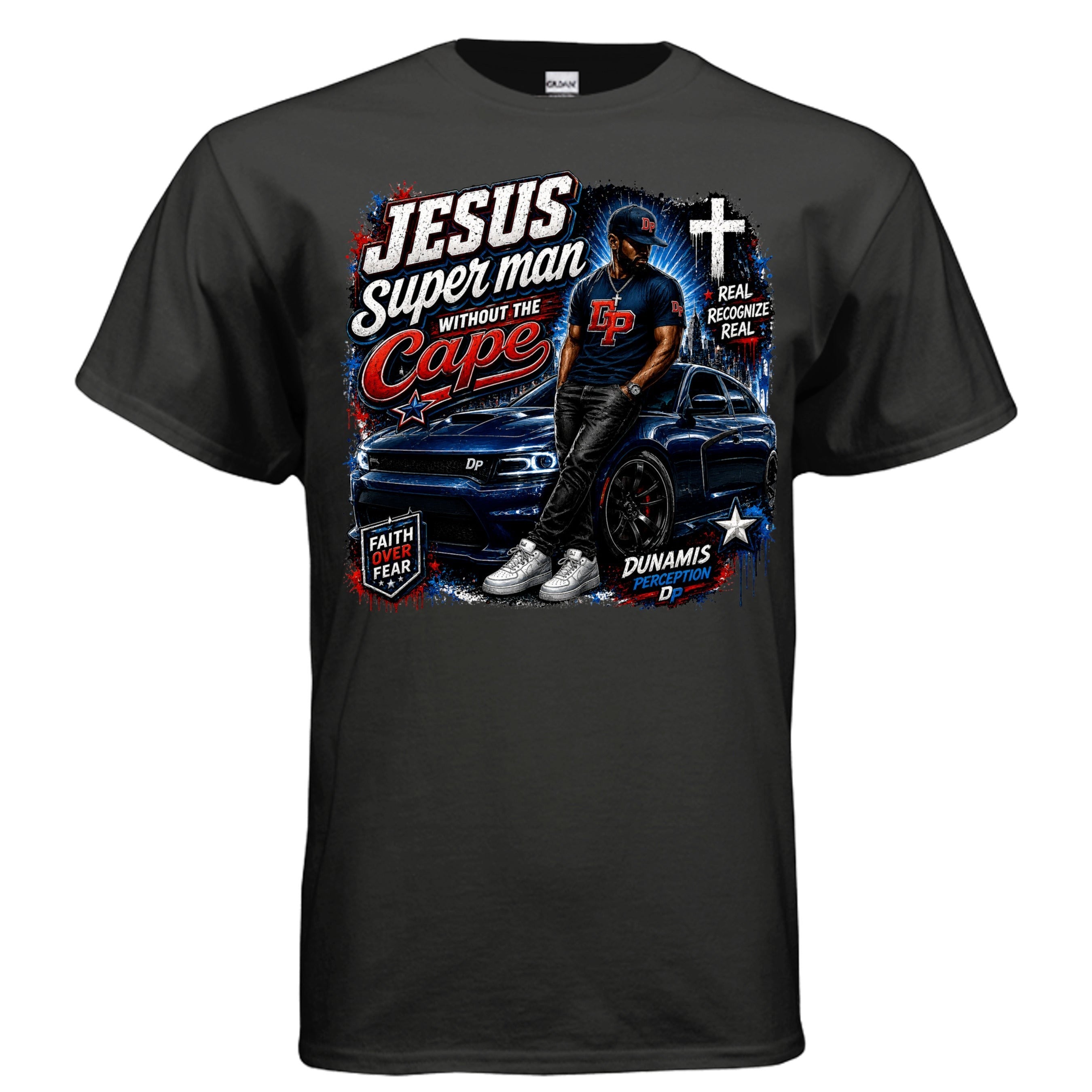 Dunamis Perception black cotton graphic tee featuring Jesus Without the Cape text and a man leaning on a sports car.