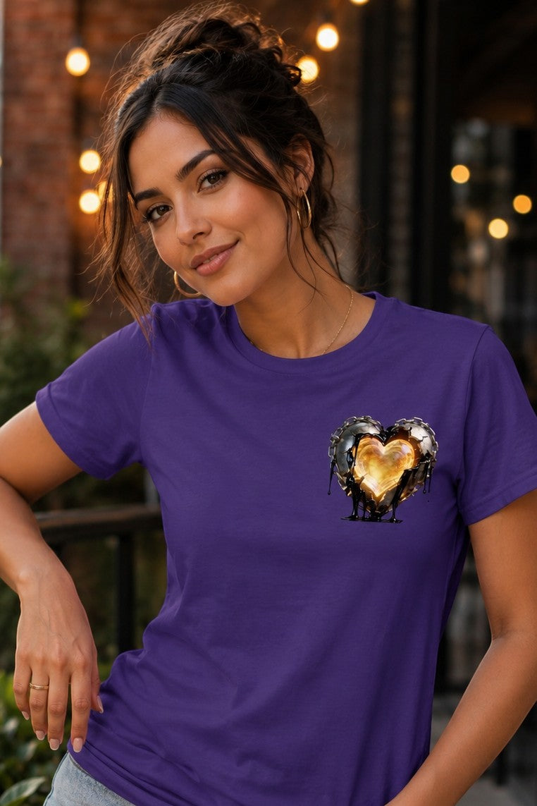Woman wearing a purple Dunamis Perception Surrendered Heart cotton t-shirt with a glowing heart graphic on the chest.