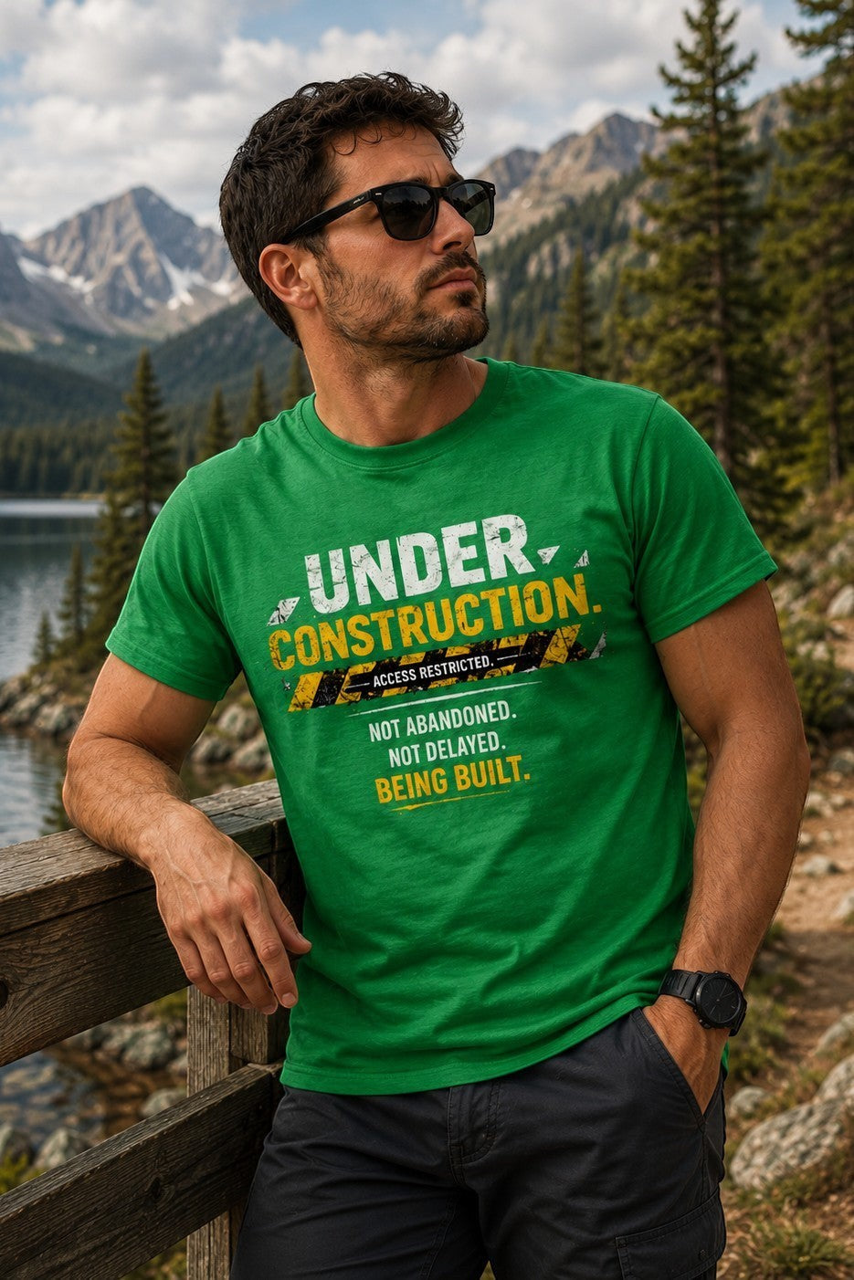 Man wearing a green Dunamis Perception cotton t-shirt with Under Construction graphic print by a mountain lake.